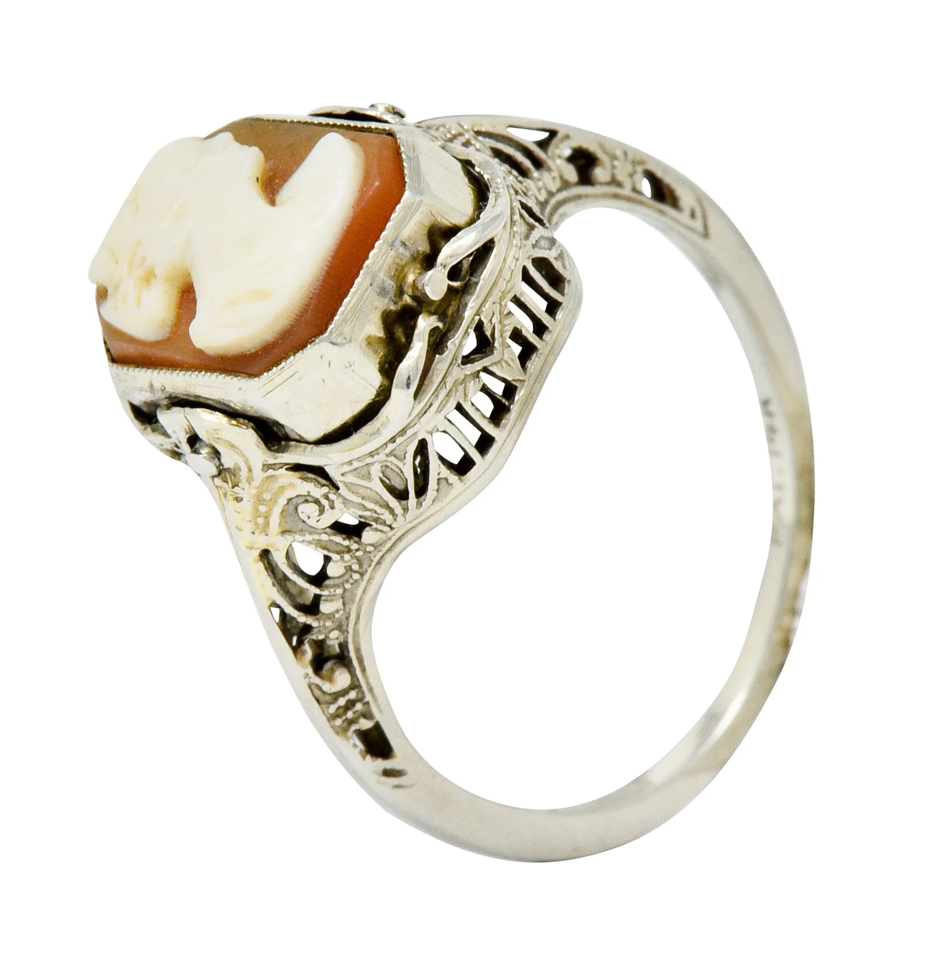 1929 Art Deco Onyx Shell Cameo 14 Karat White Gold Date Flip Ring