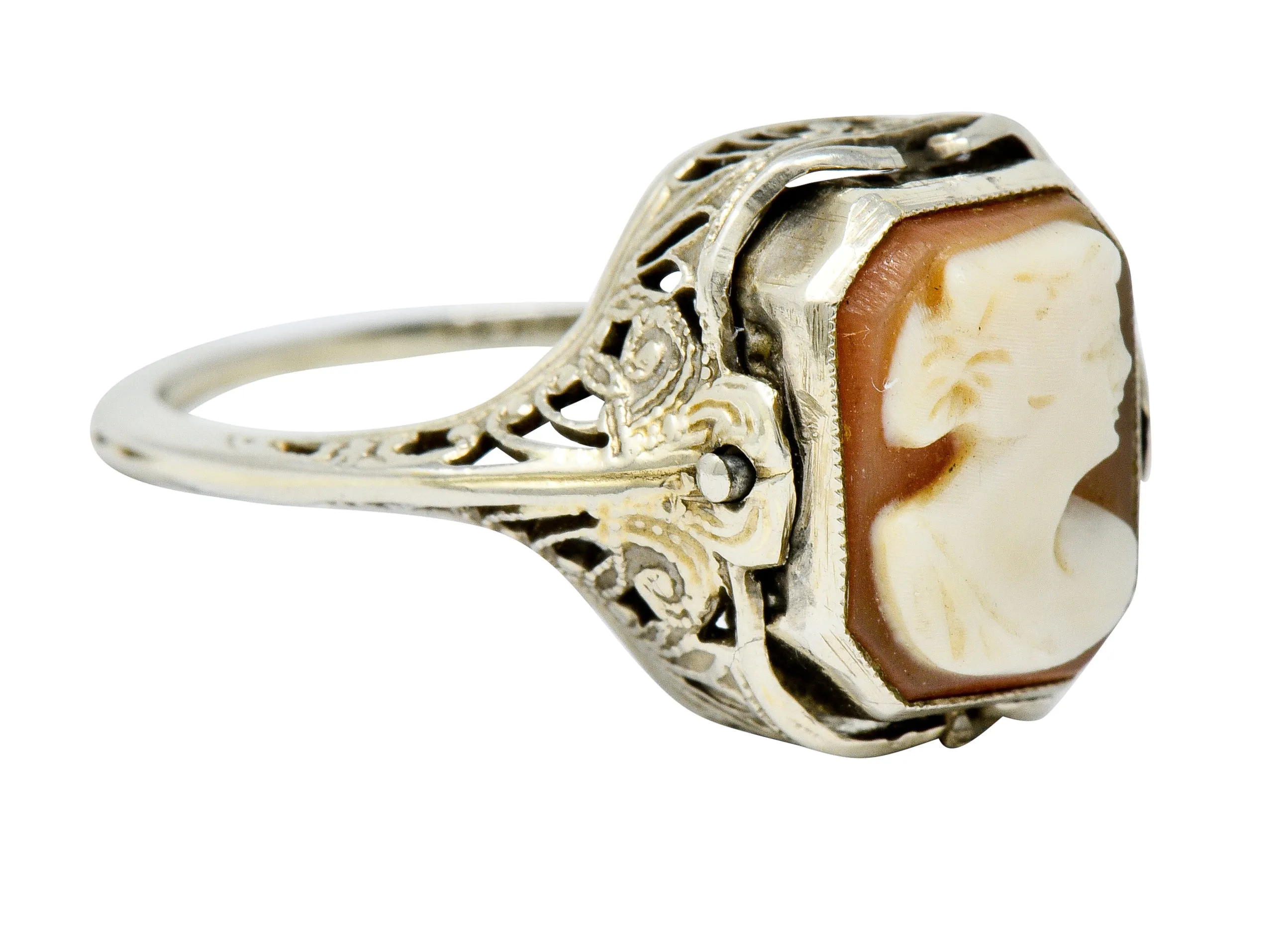 1929 Art Deco Onyx Shell Cameo 14 Karat White Gold Date Flip Ring