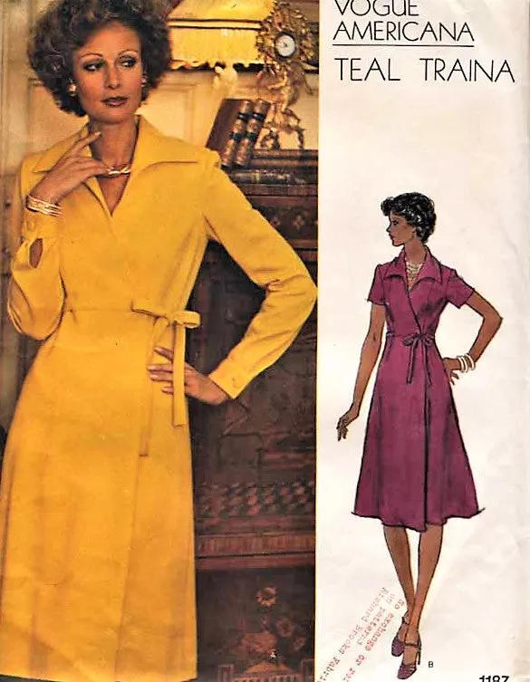 1970s STYLISH Teal Traina Side Wrap Dress Pattern VOGUE AMERICANA 1187 Bust 32 Vintage Sewing Pattern