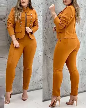 2022 Casual women's solid color double breasted suit pants set