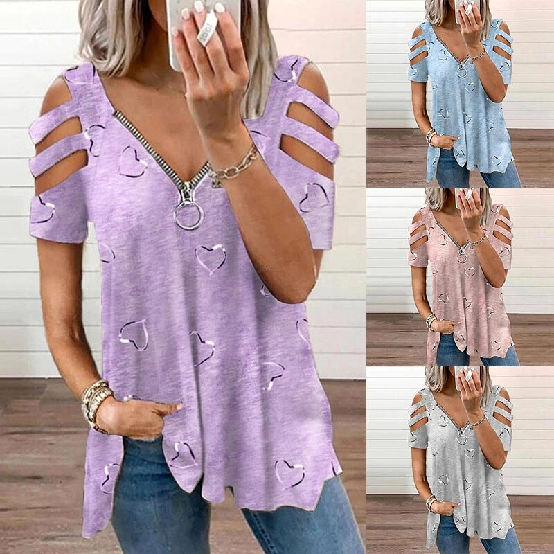 Ashore Shop Plus Size Women Summer Cold Shoulder T-Shirt Ladies Zipper V-Neck Casual Tops Tees Shirt Pullover Tops Tunic Plus Si