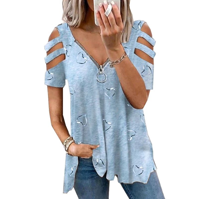 Ashore Shop Plus Size Women Summer Cold Shoulder T-Shirt Ladies Zipper V-Neck Casual Tops Tees Shirt Pullover Tops Tunic Plus Si