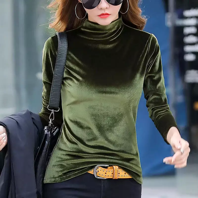 Ashore Shop Velvet T Shirt Women Half High Collar Basic T Shirt Femme Slim Long Sleeve T-shirts S-4XL