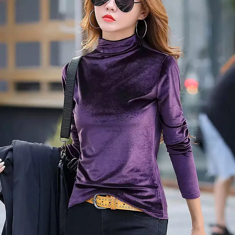 Ashore Shop Velvet T Shirt Women Half High Collar Basic T Shirt Femme Slim Long Sleeve T-shirts S-4XL