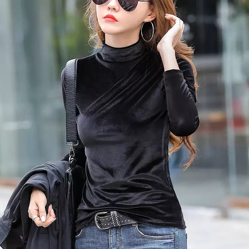 Ashore Shop Velvet T Shirt Women Half High Collar Basic T Shirt Femme Slim Long Sleeve T-shirts S-4XL