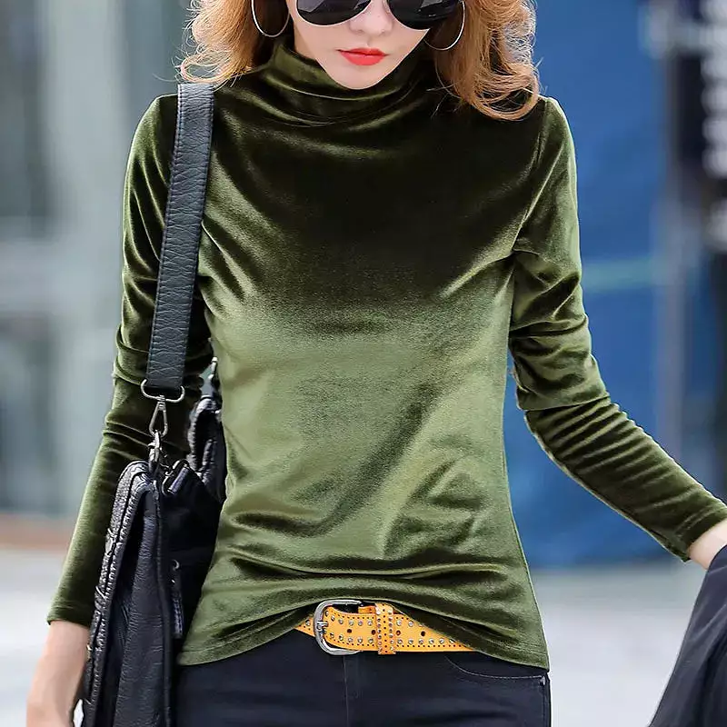 Ashore Shop Velvet T Shirt Women Half High Collar Basic T Shirt Femme Slim Long Sleeve T-shirts S-4XL