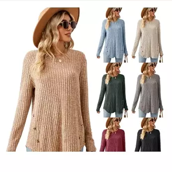 Autumn And Winter New Round Neck Long Sleeve Loose Button T-shirt Top For Women