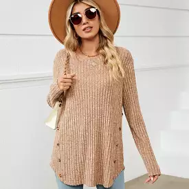 Autumn And Winter New Round Neck Long Sleeve Loose Button T-shirt Top For Women