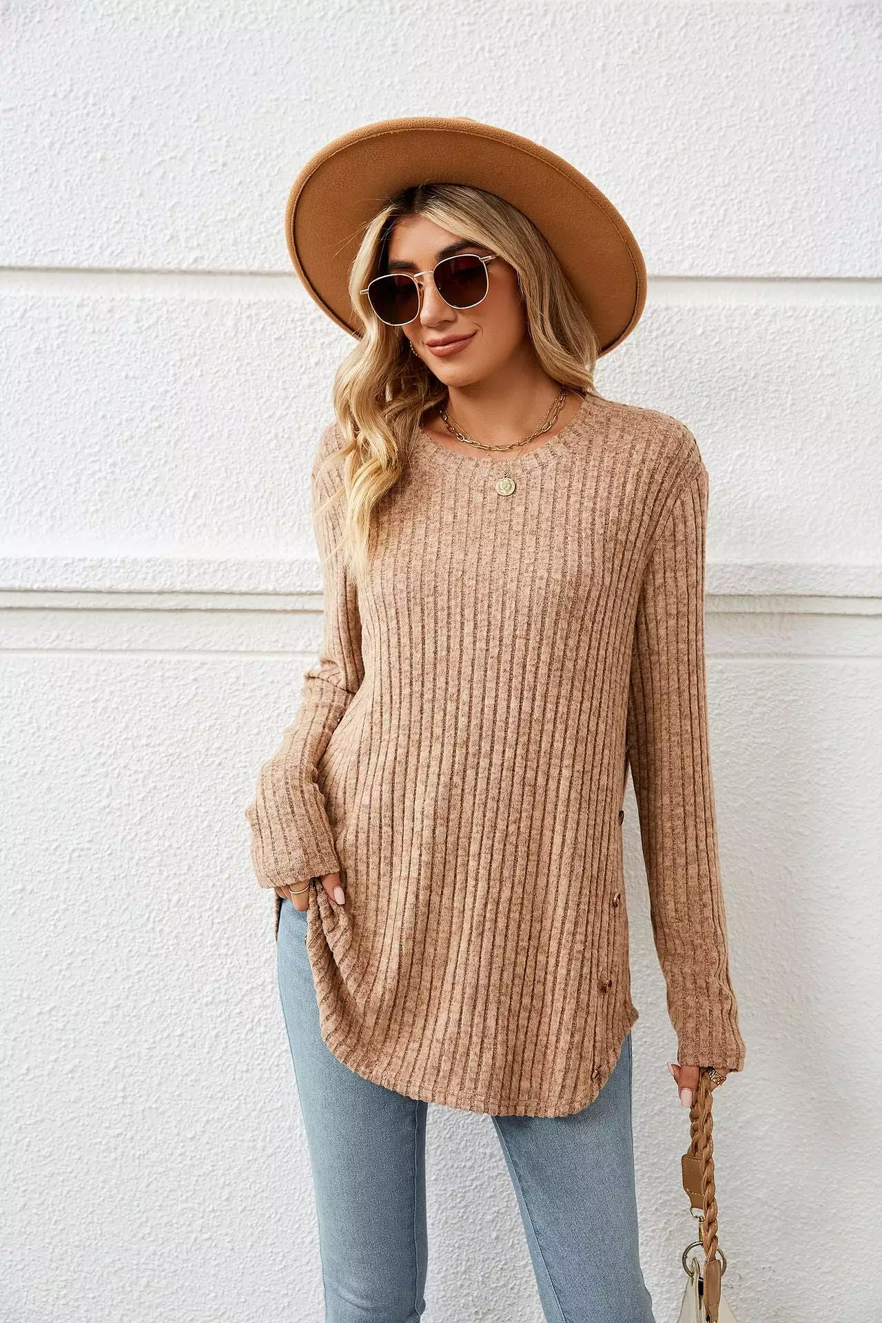 Autumn And Winter New Round Neck Long Sleeve Loose Button T-shirt Top For Women