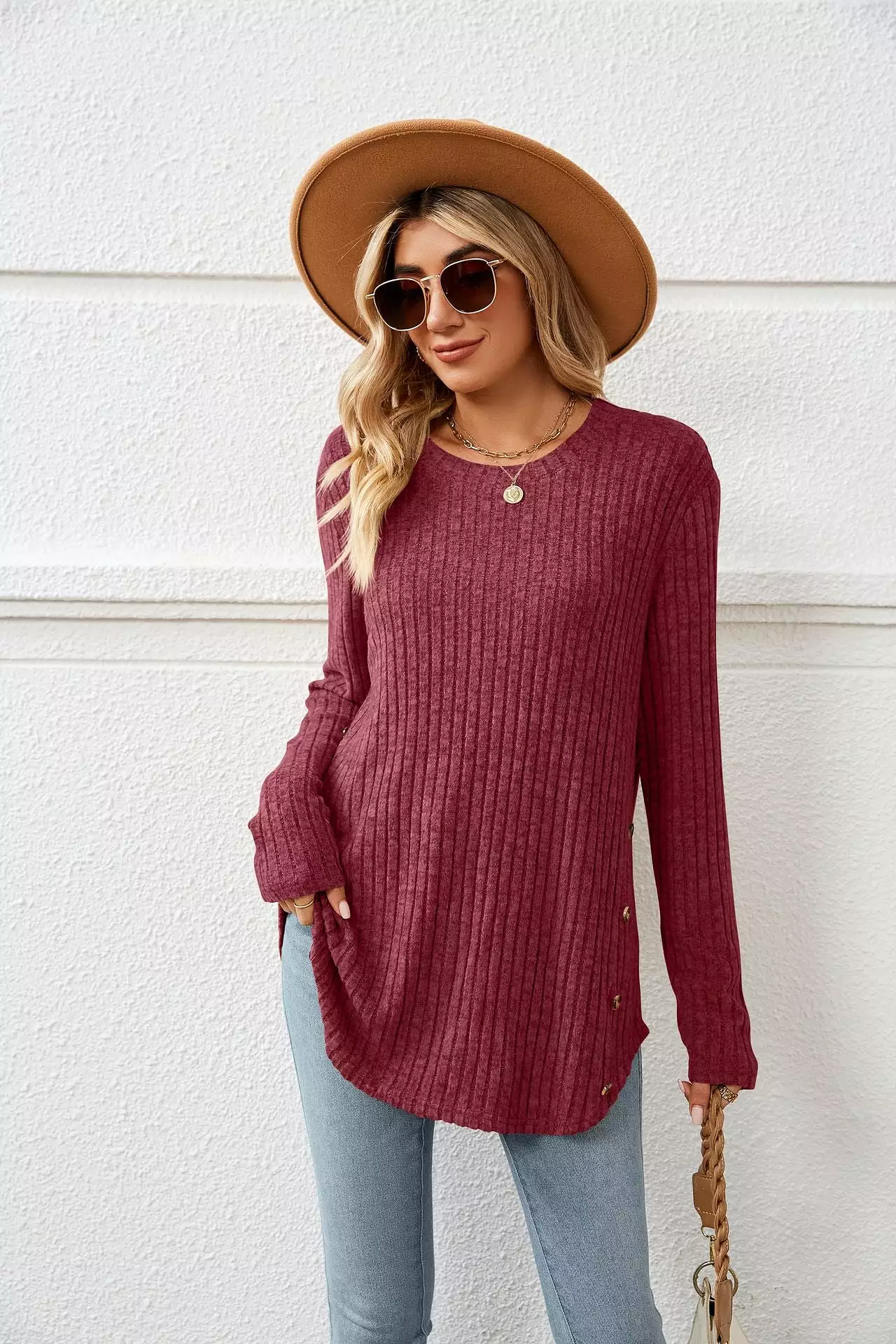 Autumn And Winter New Round Neck Long Sleeve Loose Button T-shirt Top For Women