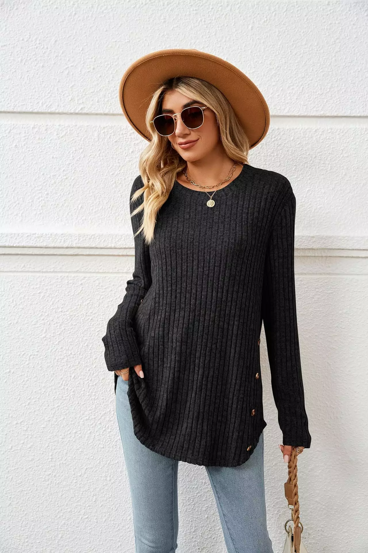 Autumn And Winter New Round Neck Long Sleeve Loose Button T-shirt Top For Women