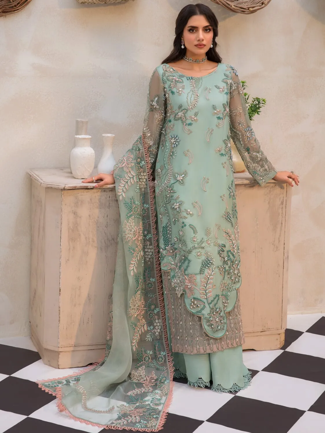 AZZAL by Ayesha & Usman Unstitched Embroidered Organza 3Pc Suit D-03 NIA