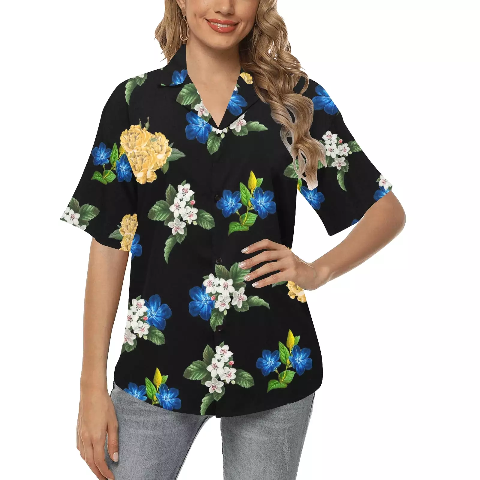 black back blue gold white floral print large All Over Print Hawaiian Shirt for Women (Model T58)