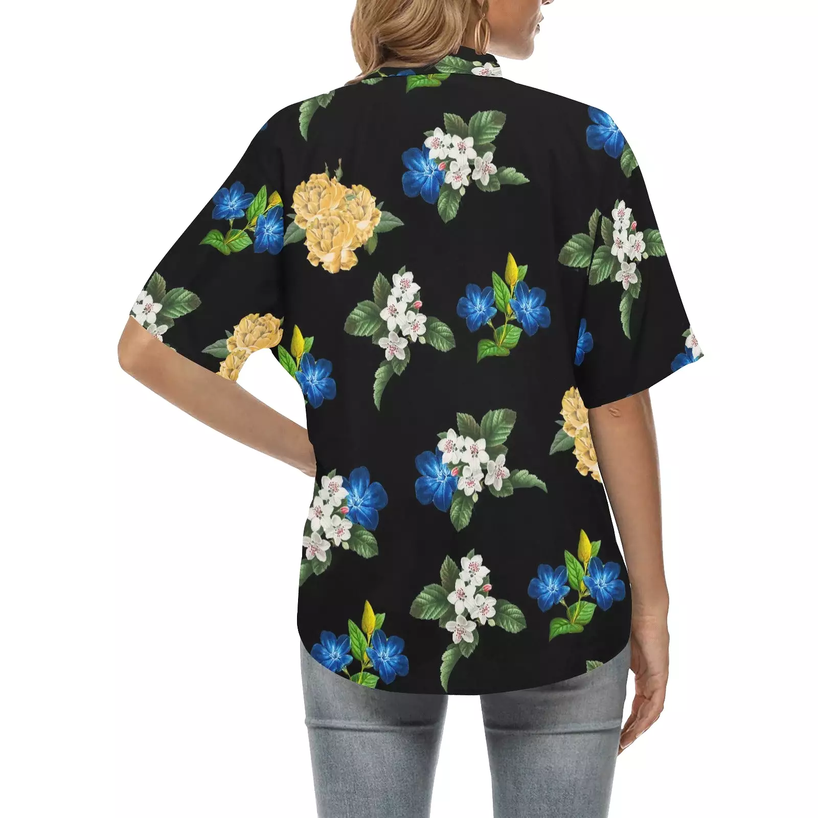 black back blue gold white floral print large All Over Print Hawaiian Shirt for Women (Model T58)