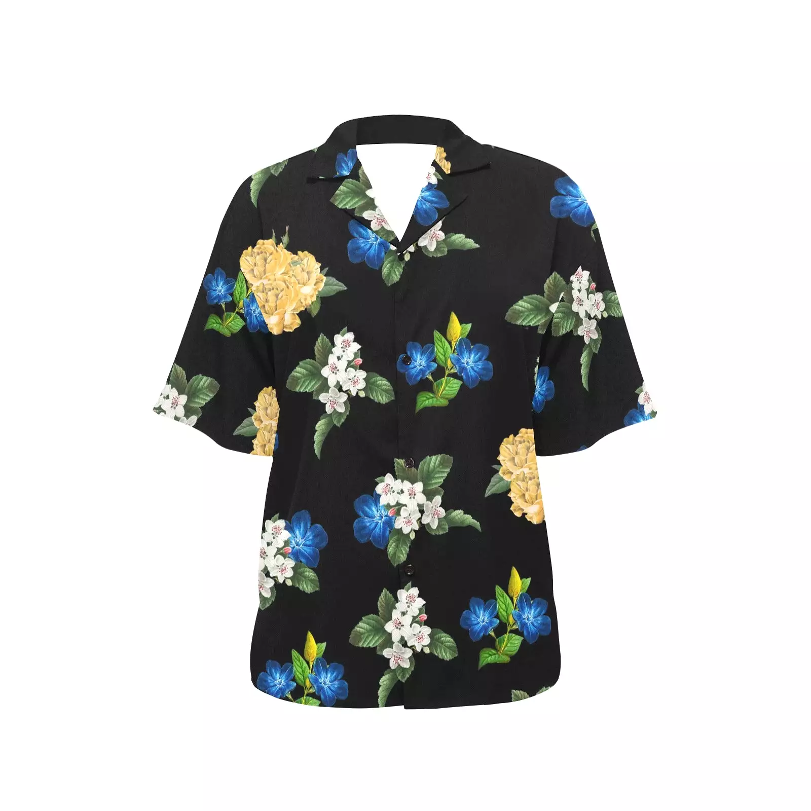 black back blue gold white floral print large All Over Print Hawaiian Shirt for Women (Model T58)