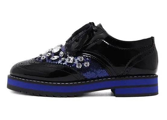 Black Blue Sequins Patent Gemstones Lace Up Baroque Oxfords Shoes