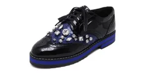 Black Blue Sequins Patent Gemstones Lace Up Baroque Oxfords Shoes