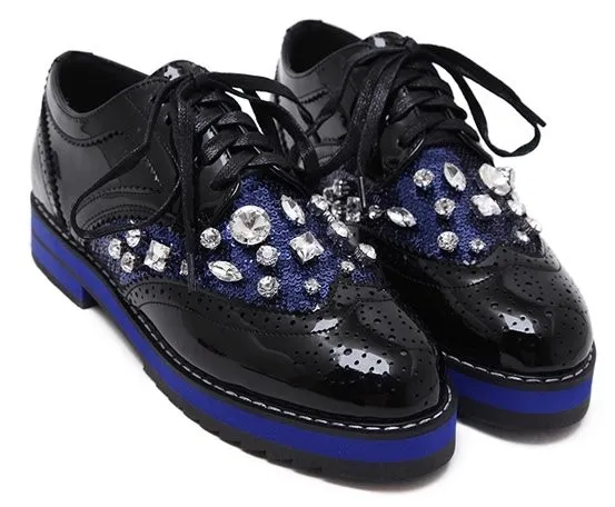 Black Blue Sequins Patent Gemstones Lace Up Baroque Oxfords Shoes