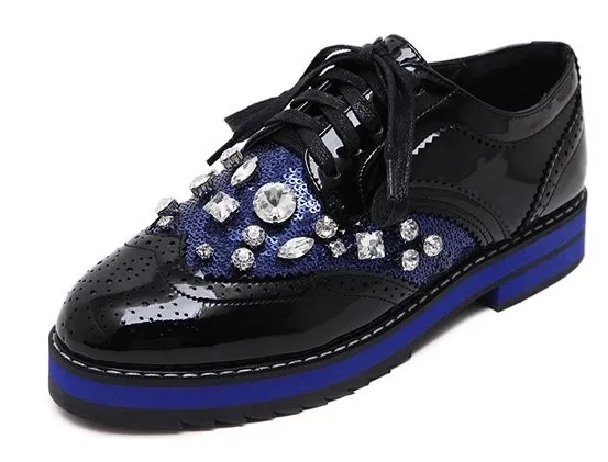 Black Blue Sequins Patent Gemstones Lace Up Baroque Oxfords Shoes