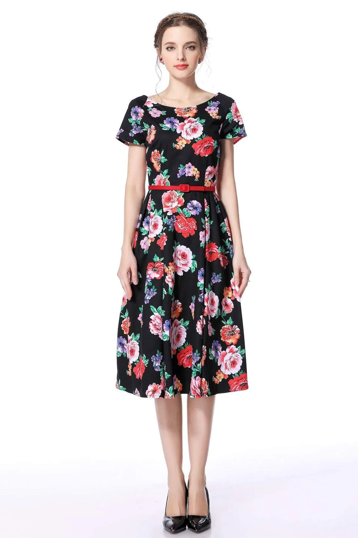 Black Floral Garden Scoop Neck Vintage Dress