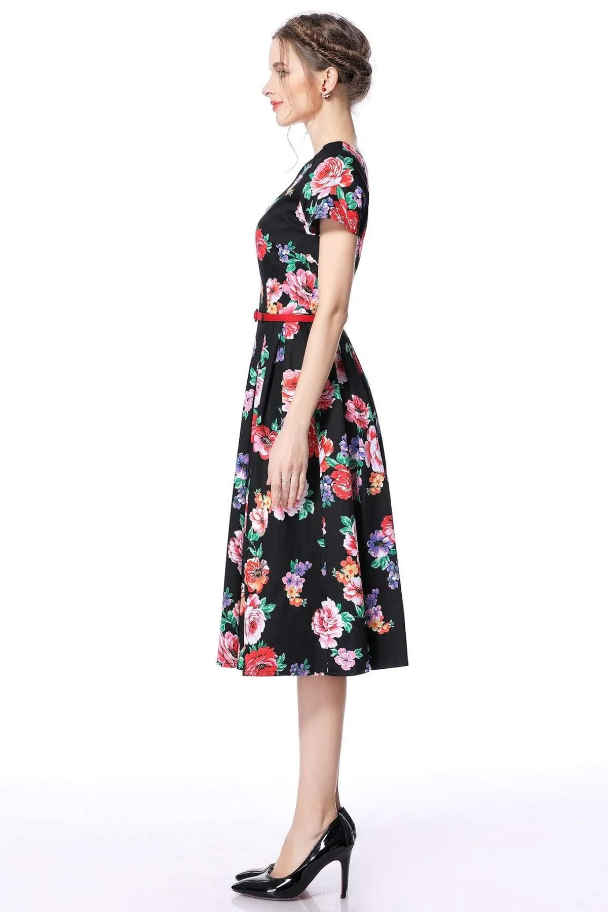 Black Floral Garden Scoop Neck Vintage Dress