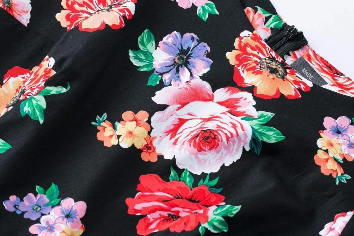 Black Floral Garden Scoop Neck Vintage Dress