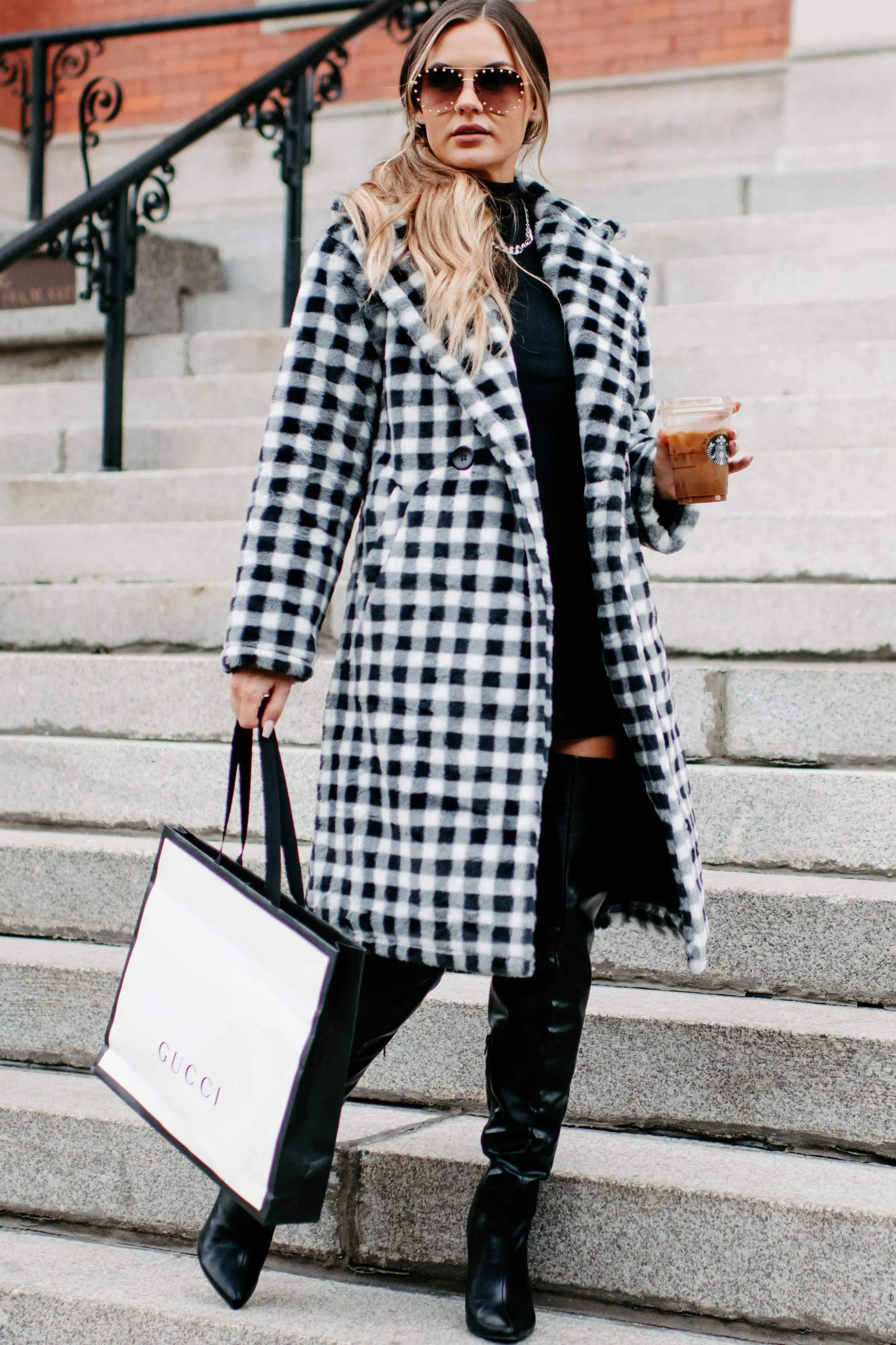 Call My Lawyer Checkered Faux Fur Coat (Black & White)