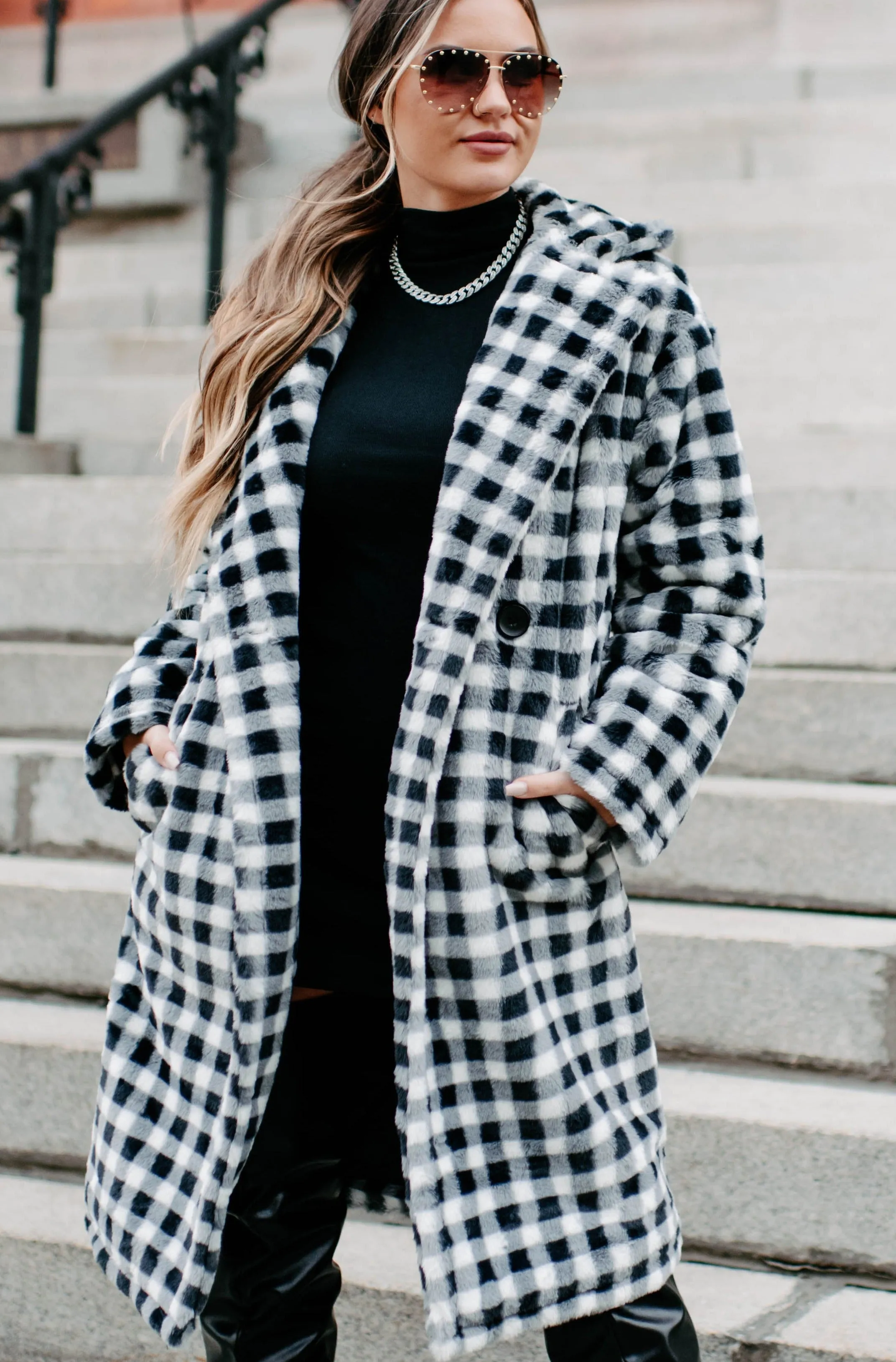 Call My Lawyer Checkered Faux Fur Coat (Black & White)