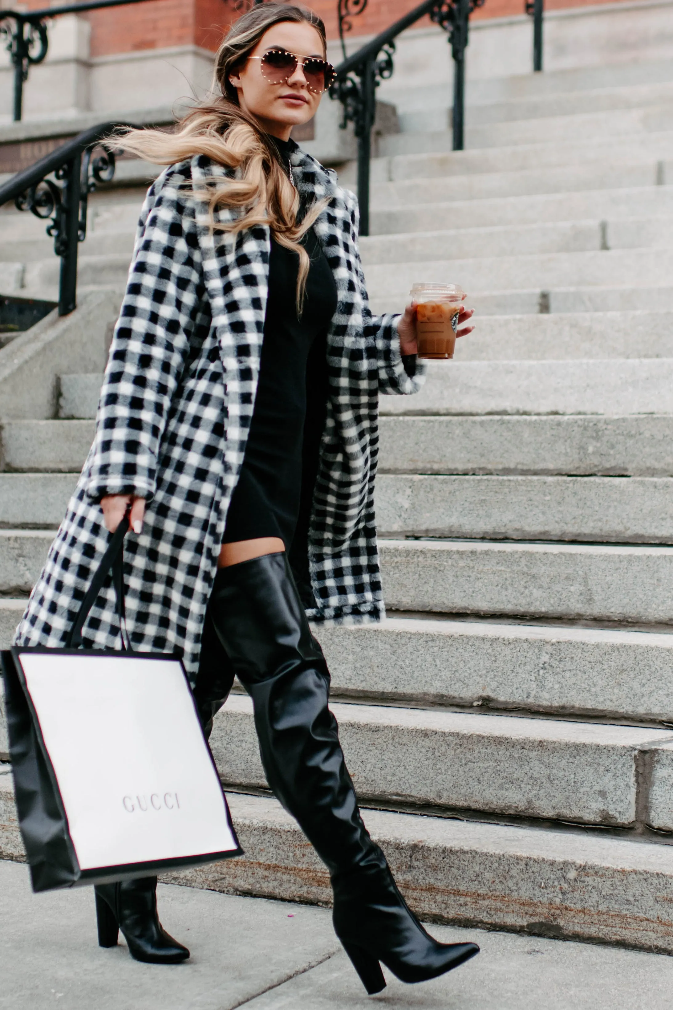 Call My Lawyer Checkered Faux Fur Coat (Black & White)