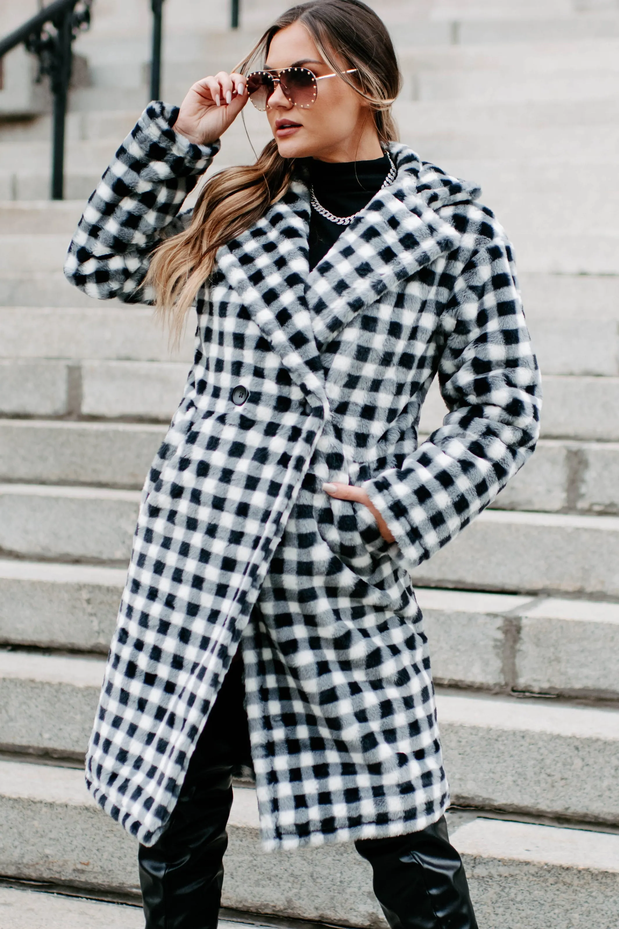 Call My Lawyer Checkered Faux Fur Coat (Black & White)