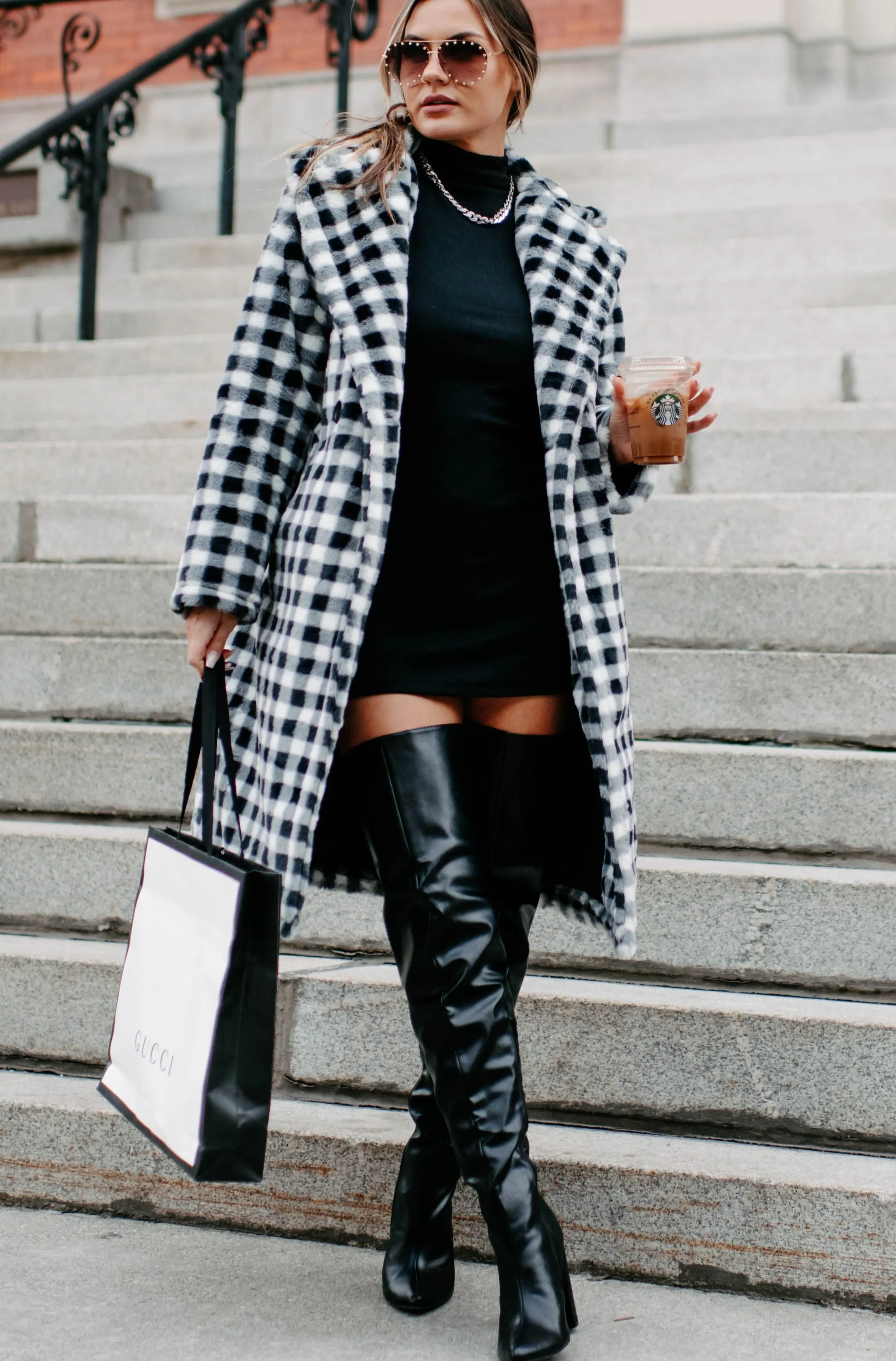 Call My Lawyer Checkered Faux Fur Coat (Black & White)