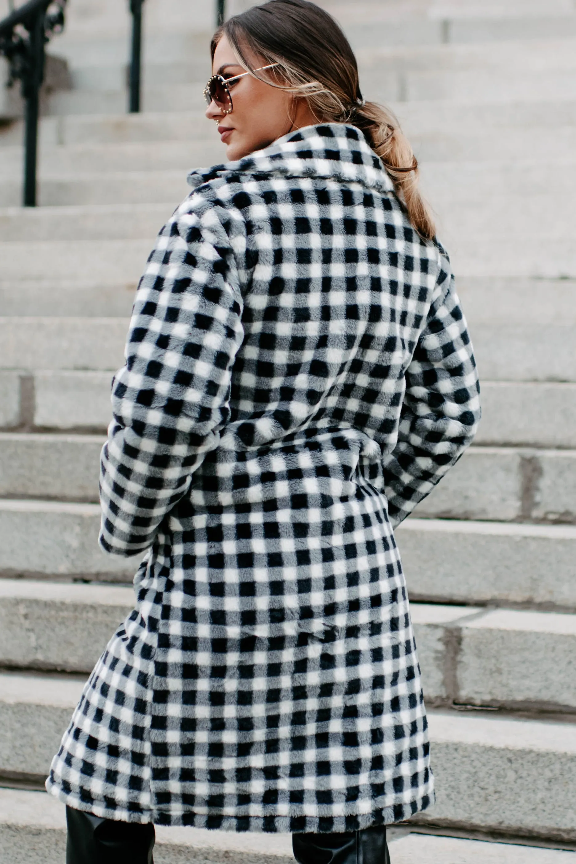 Call My Lawyer Checkered Faux Fur Coat (Black & White)