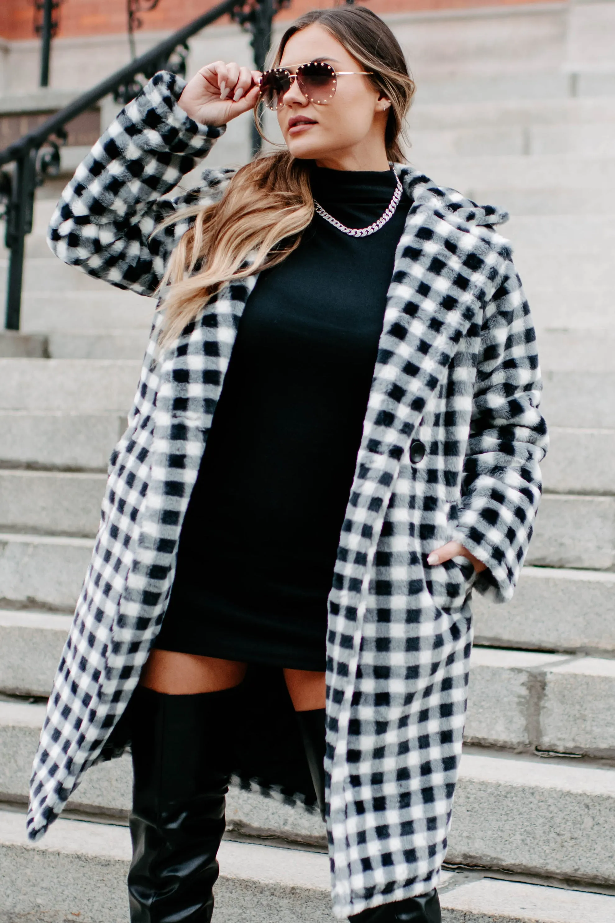 Call My Lawyer Checkered Faux Fur Coat (Black & White)