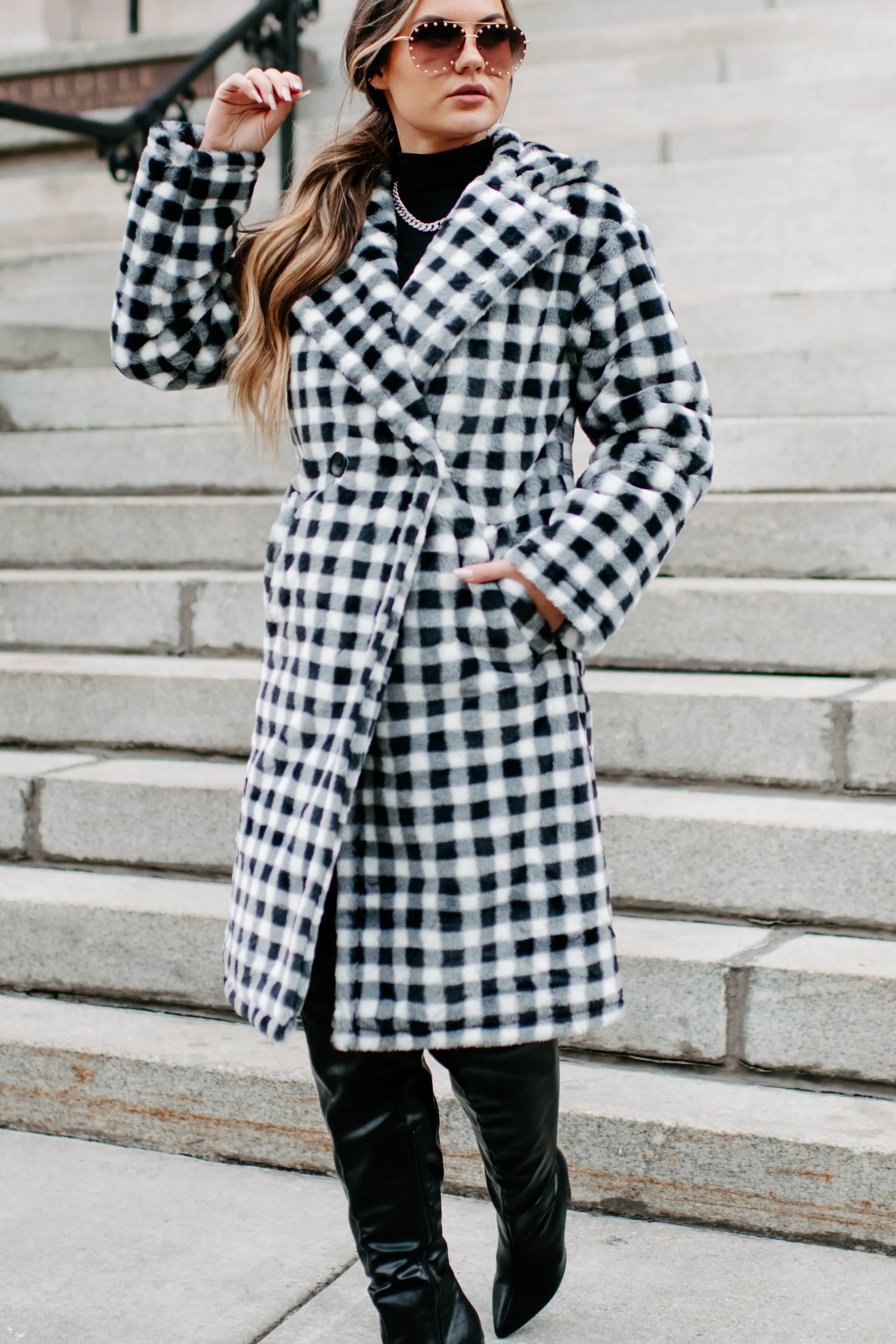 Call My Lawyer Checkered Faux Fur Coat (Black & White)