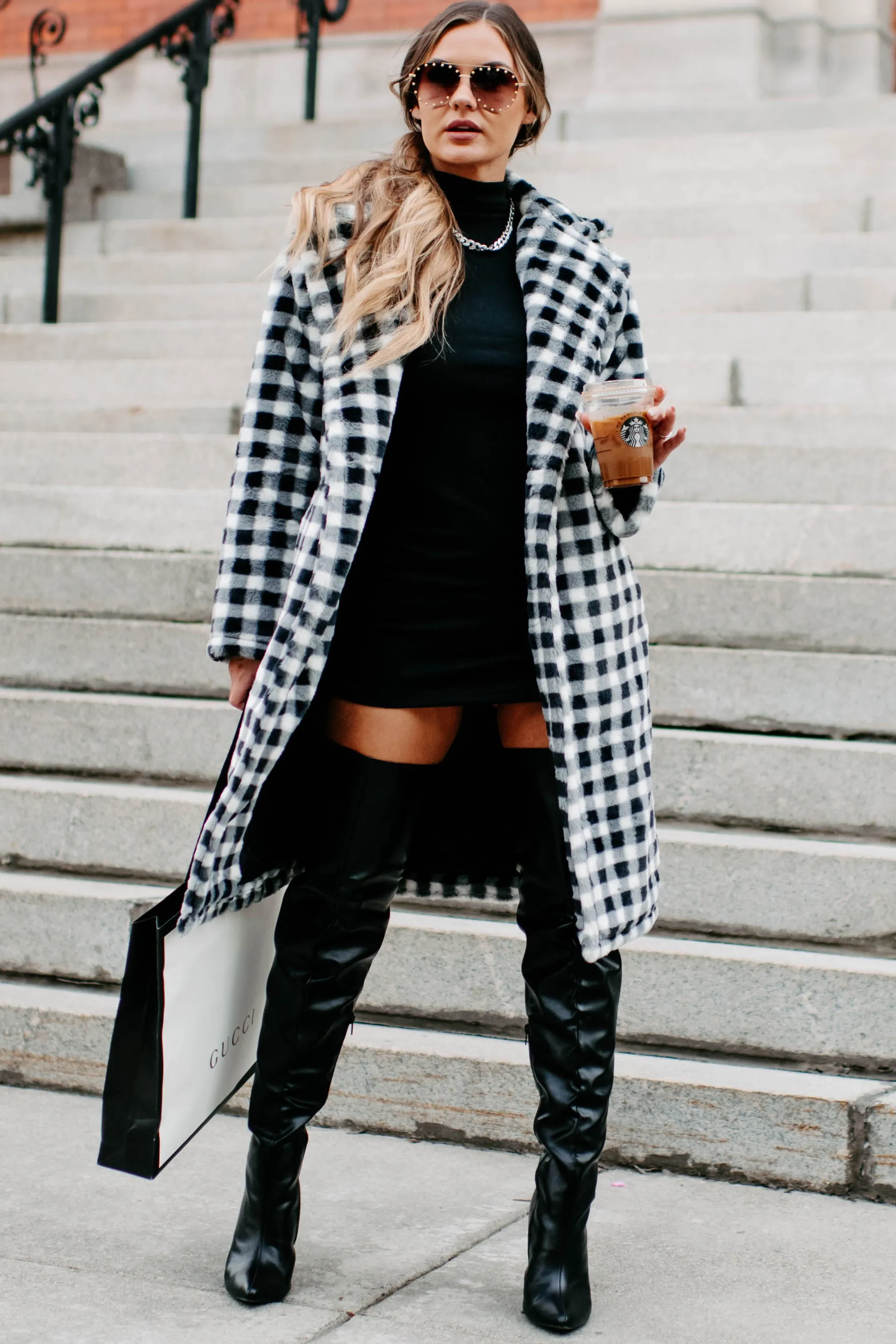 Call My Lawyer Checkered Faux Fur Coat (Black & White)