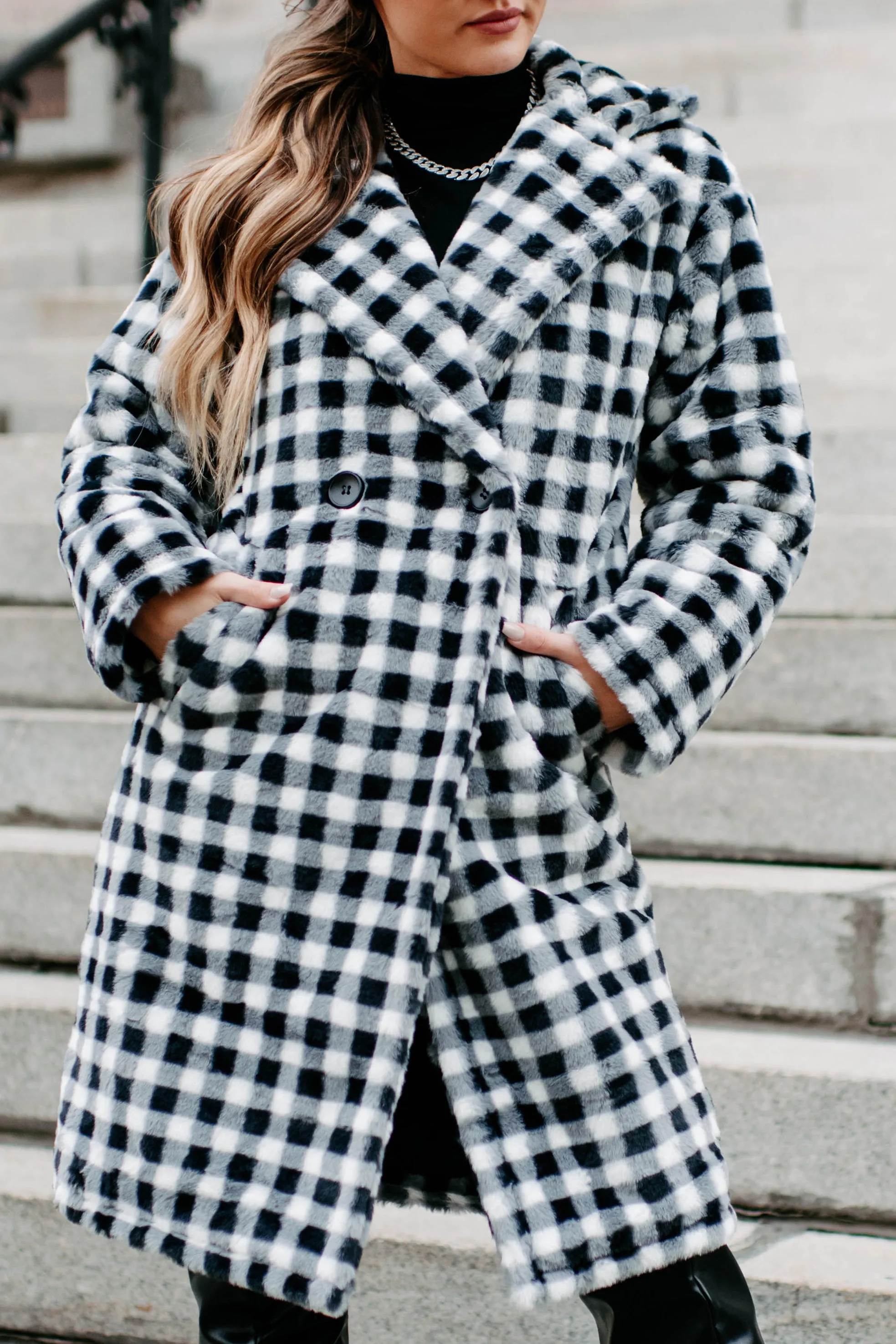 Call My Lawyer Checkered Faux Fur Coat (Black & White)