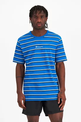 CHAMPION MENS SCRIPT STRIPE BLUE TEE