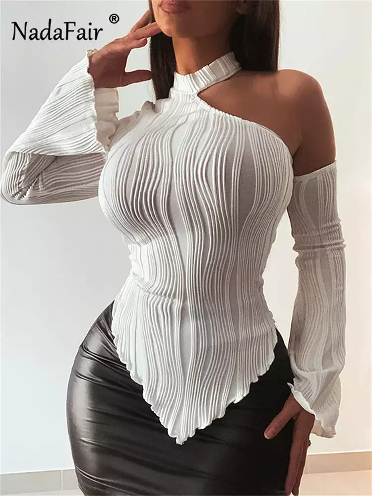 Chic One Shoulder Strapless Long Sleeve T Shirts Autumn Women Y2K Backless Holiday Streetwear Tops White Tees Casual