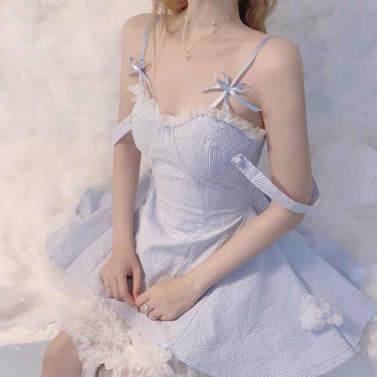 cloud blue dress with white mesh skirt