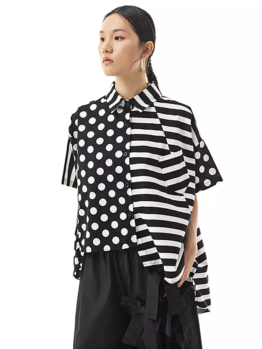 Cotton Stripe Dot Loose Irregular Women Shirt