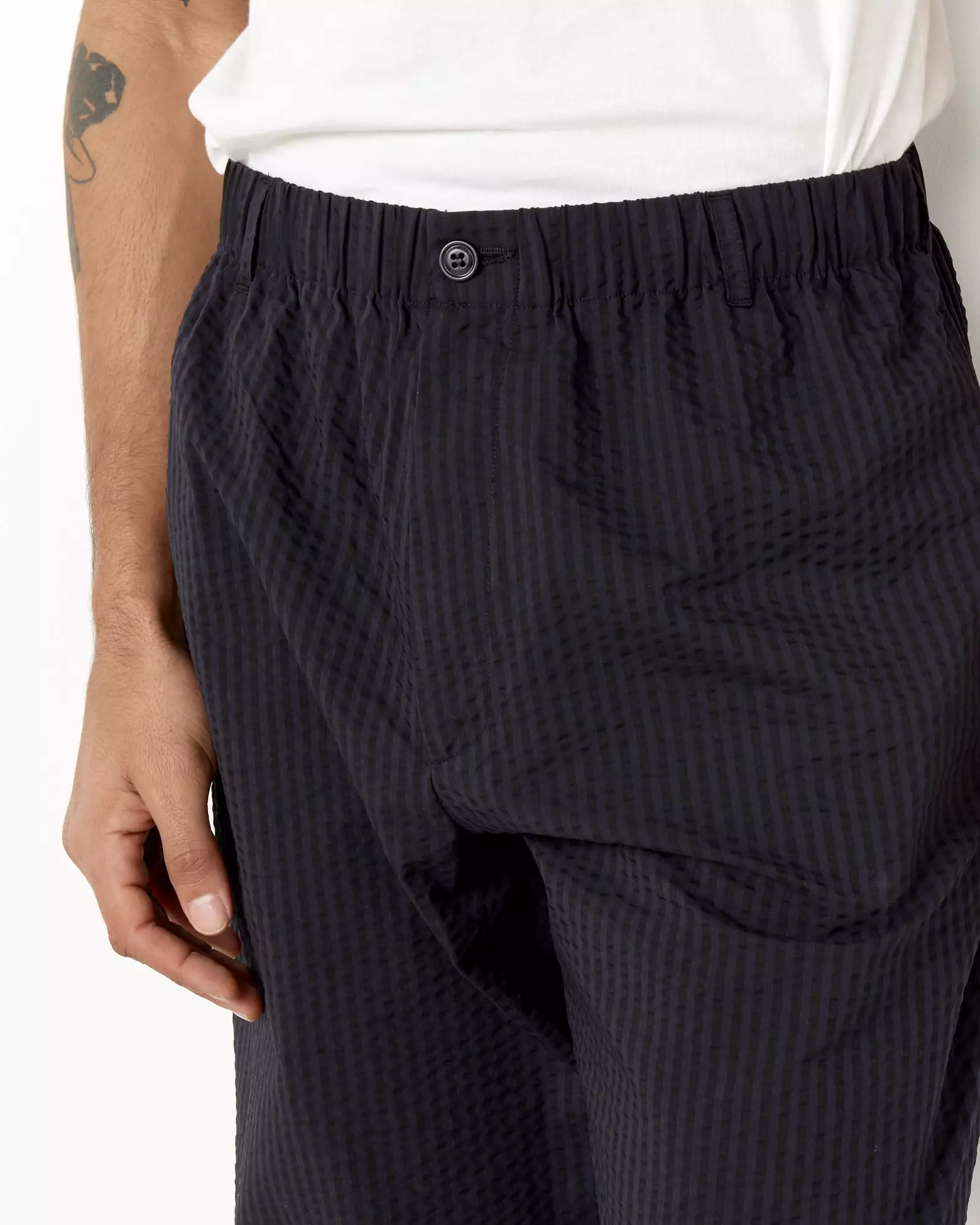 Drape Trouser Striped Seersucker in Navy/Black