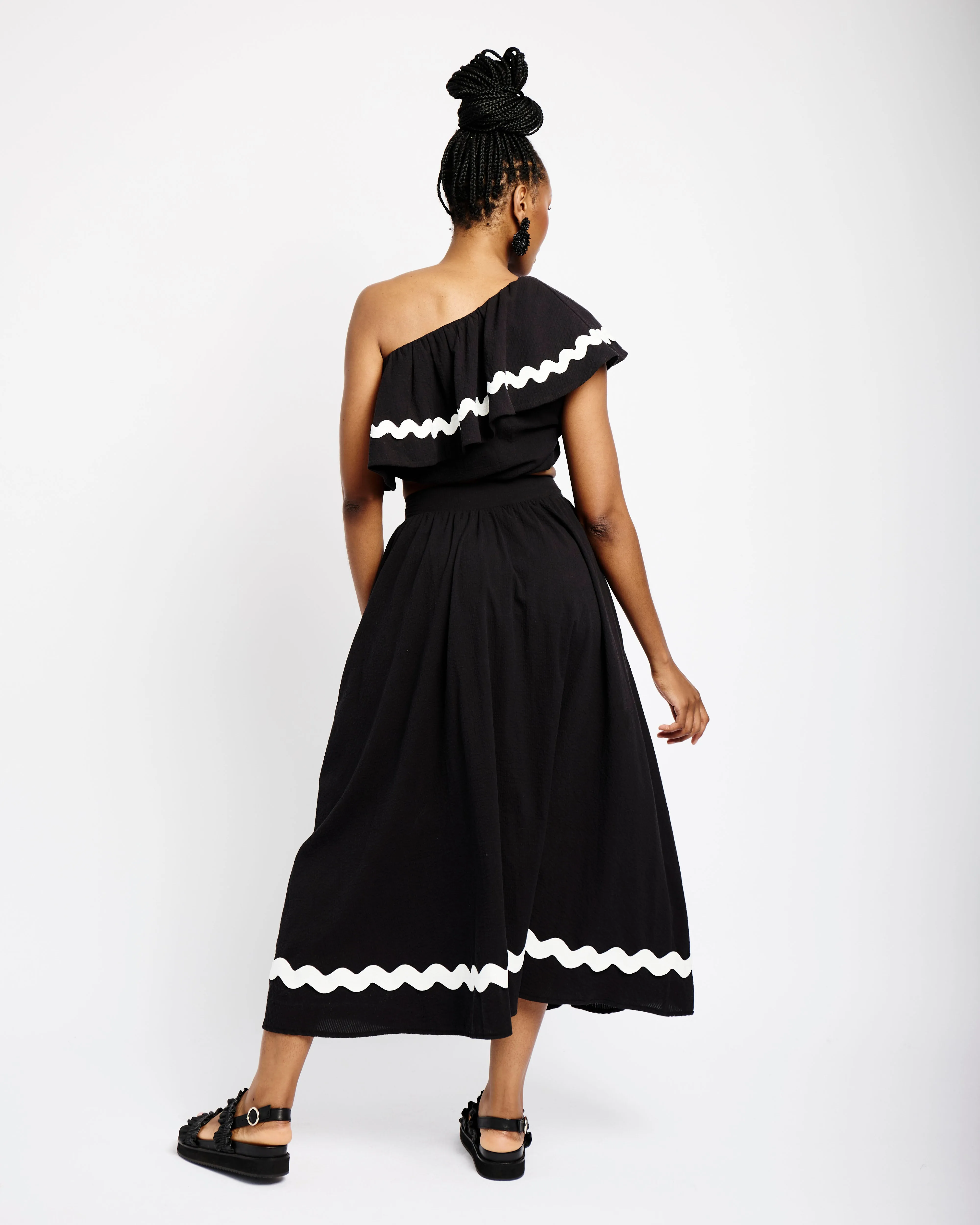 Easy Midi Skirt with White Ric Rac in Black