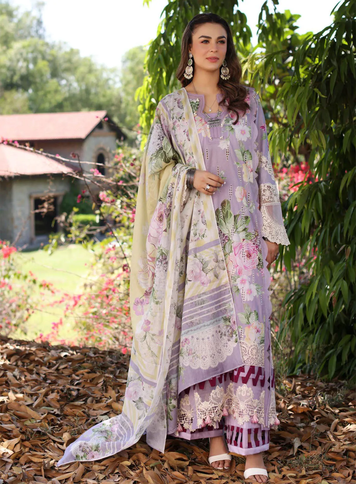 Elaf Print Chikankari Lawn 3 Piece Unstitched Suit EF24C ECK-03 A LILAC LAMOUR