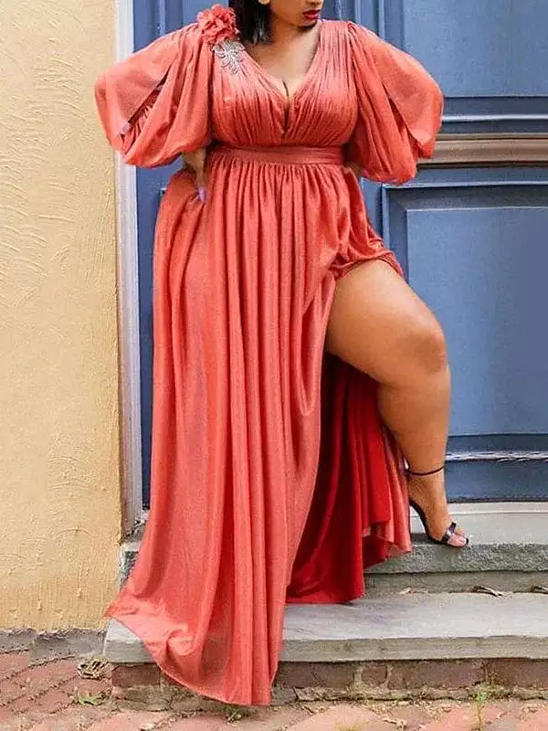 Elegant Plus Size V Neck Ruched Maxi Dress