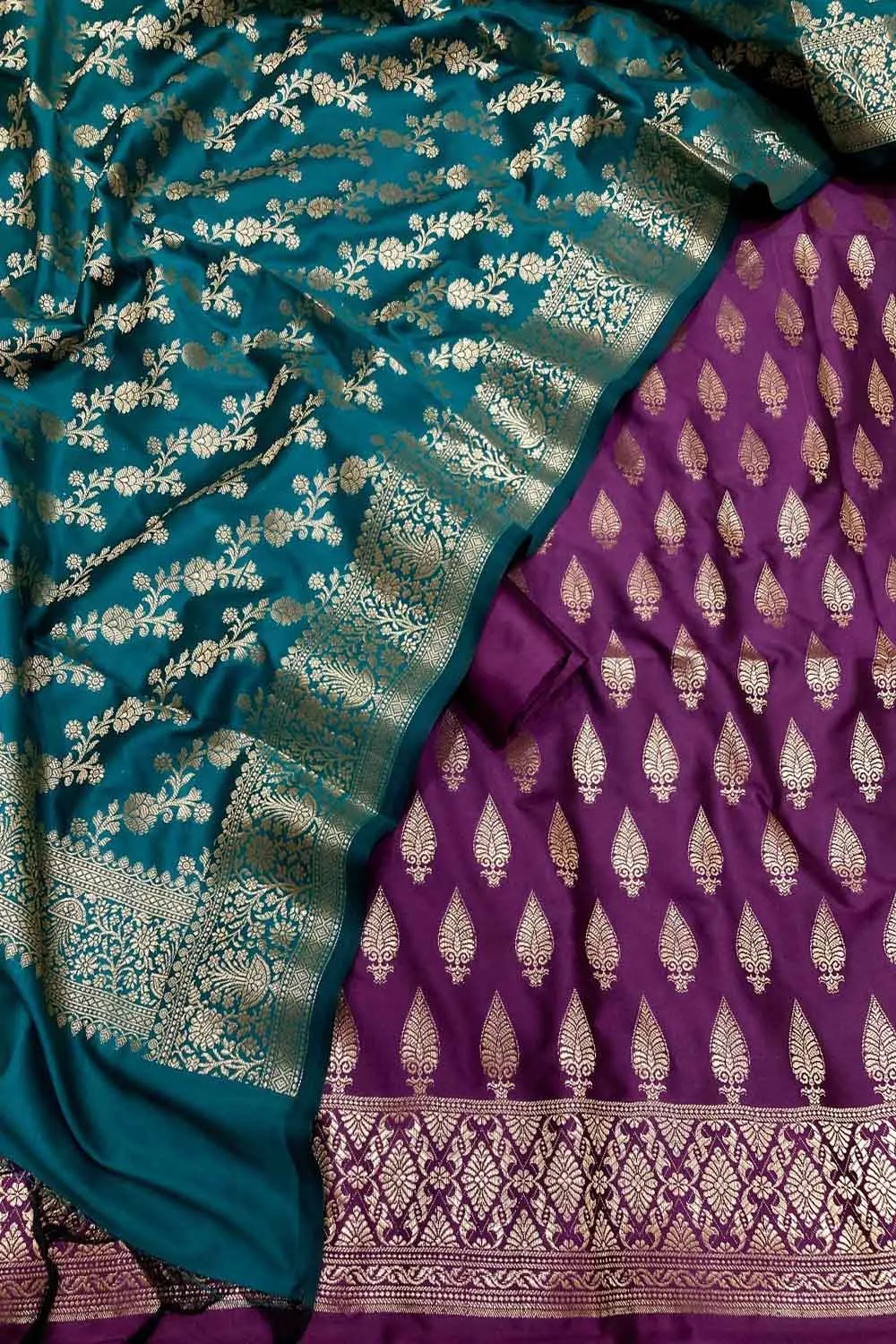 Elegant Purple and Blue Banarasi Silk Three Piece Unstitched Suit Set: A Perfect Blend of Tradition and Style