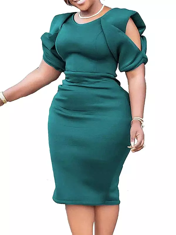 Elegant Solid Color V Neck Plus Size Midi Dress