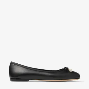 Elme Flat Black Nappa Leather Flats with Pearl Embellishment