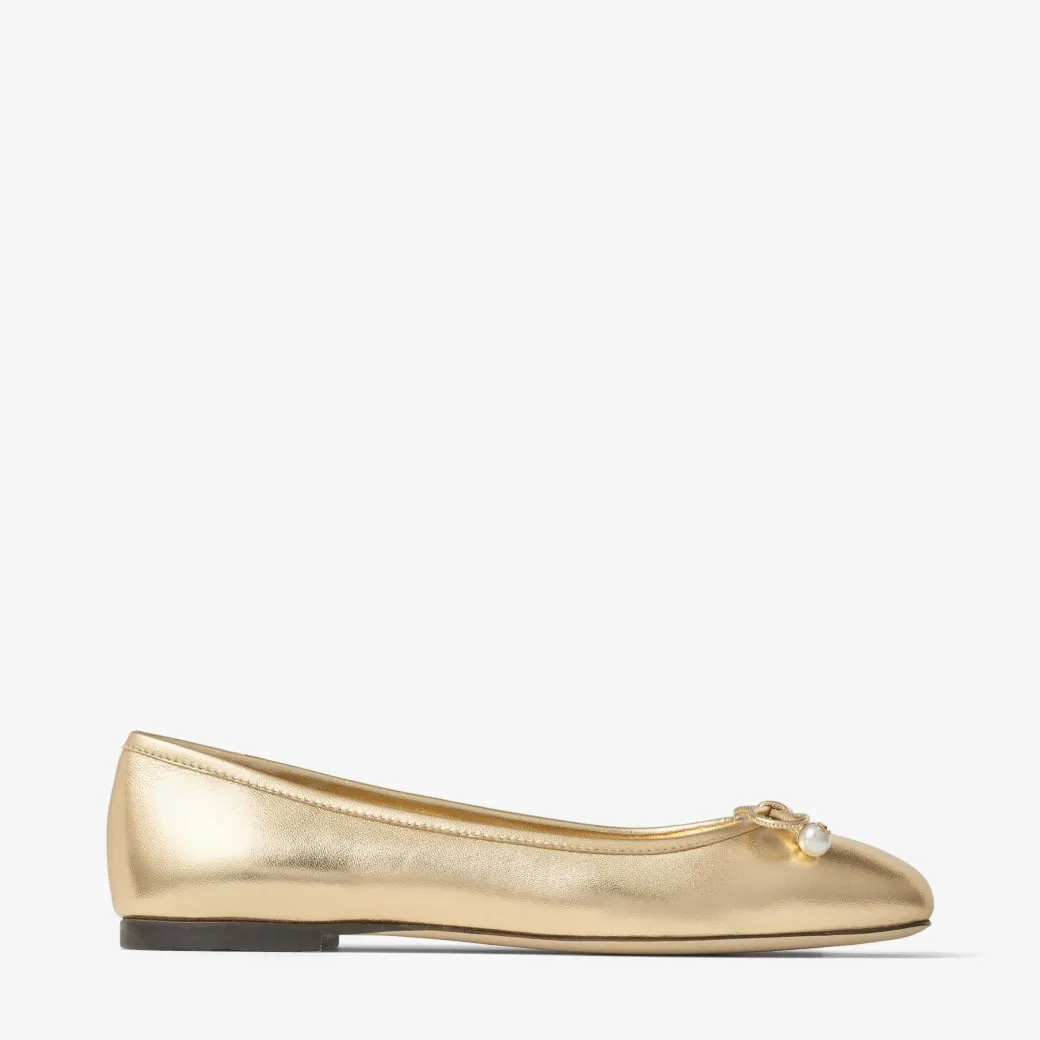 Elme Flat Gold Metallic Nappa Leather Flats with Pearl Embellishment