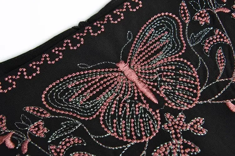 Emiliano  Strap Sleeveless Butterfly Embroidery High Waist Black Vintage Dress