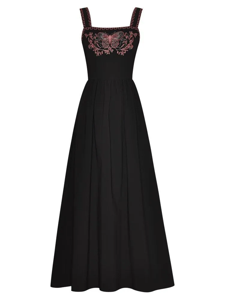 Emiliano  Strap Sleeveless Butterfly Embroidery High Waist Black Vintage Dress